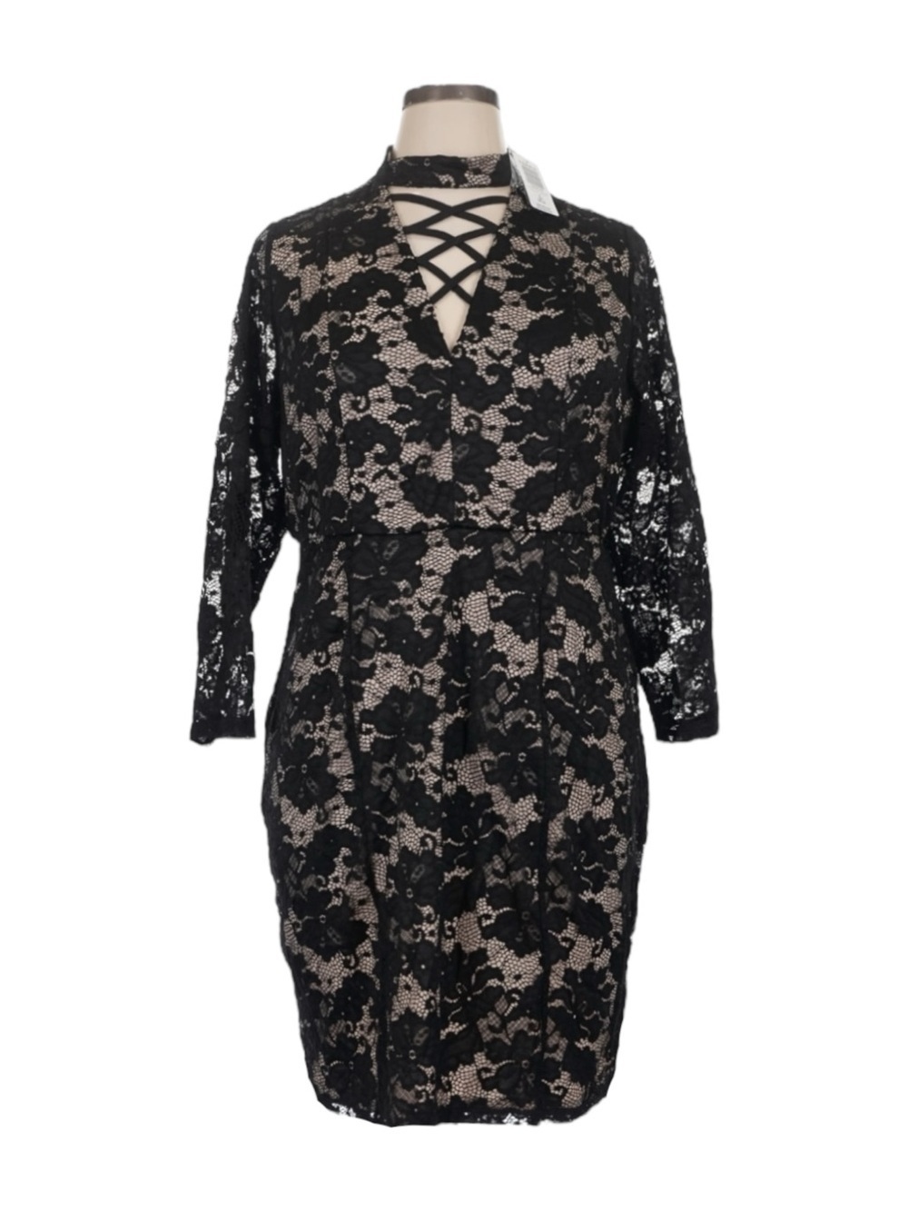 Torrid Black Lace Bodycon Dress 2X Knee Length Mock Neck Nude Lined NWT 18 20